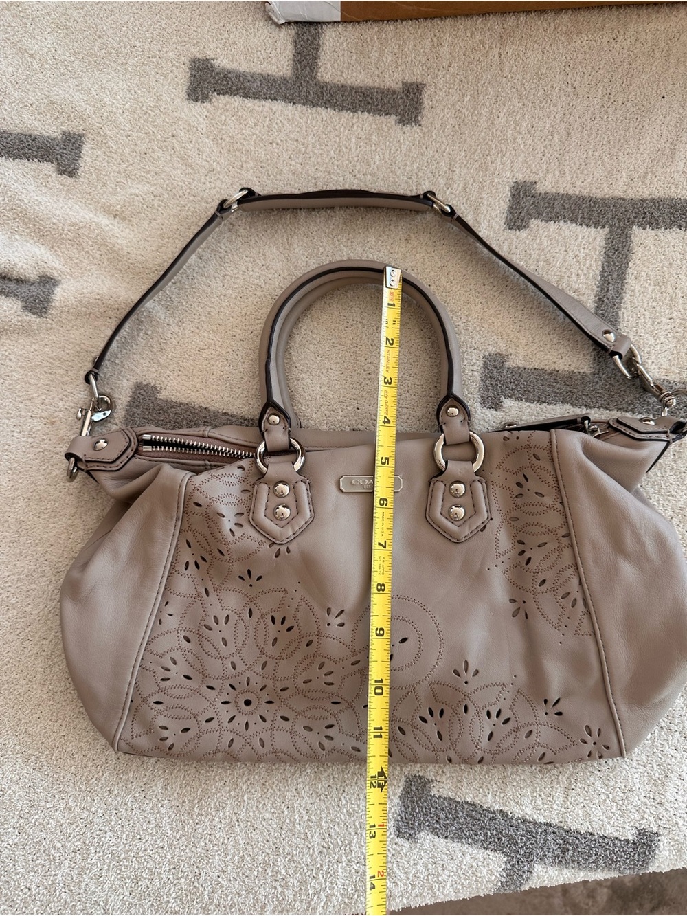 Coach Taupe Laser-Cut Leather Shoulder Bag